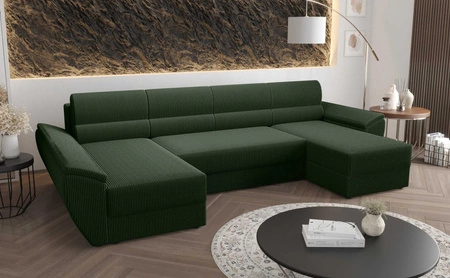 Ecksofa mit Schlaffunktion Fogu U III grün stilvolles Ecksofa mit Armlehnen und Bettzeugablage Kordelstoff