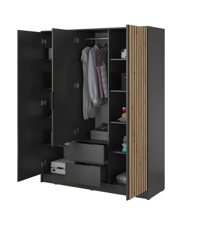 Kleiderschrank Aspen 155 cm Grafit / Eiche Artisan Lamellen modernes Design Schranktüren mit dekorativen Lamellen