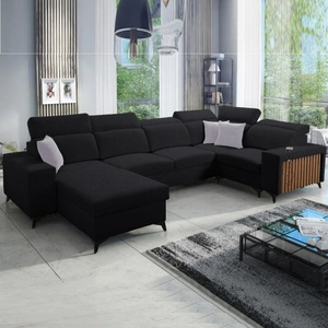 Ecksofa mit Schlaffunktion Kelly IV schwarz links geflochten bequemes Ecksofa verstellbare Kopfstützen seitlich mit Latten verkleidet