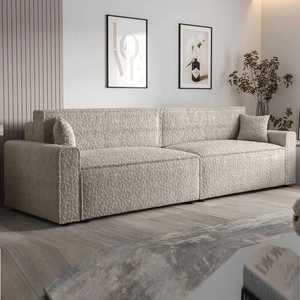 Klappsofa Brandon XL Bis cremefarbener moderner Designstoff mit ausgeprägter Schleifenoberfläche Bettzeugbehälter