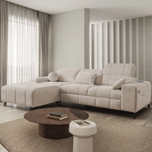 Ecksofa mit Schlaffunktion Penejos beige links elegantes Ecksofa mit Bettzeugablage bequem verstellbare Kopfstützen