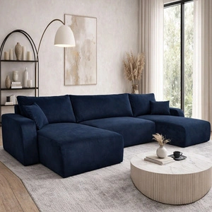 Ecksofa mit Schlaffunktion Fiesta U XL dunkelblau elegantes Ecksofa für Wohnzimmer mit Bettzeugablage Plüschstoff