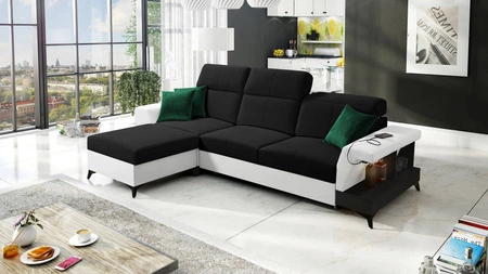 Ecksofa mit Schlaffunktion Bresso schwarz/weiß linke Seite stilvolles Ecksofa mit praktischer Ablage in schwarz verstellbare Kopfstützen