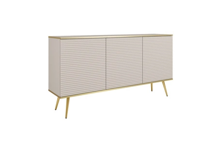 Kommode Luxury 160 cm beige elegantes Design stilvolle geriffelte Fronten Kommodenkorpus mit goldenen Verzierungen goldene Metallbeine gekrönt