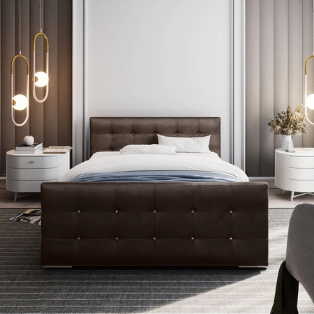 Polsterbett Alford 180x200 hellbraun mit Stauraum im modernen skandinavischen Stil mit gestepptem Kopf- und Fußteil mit Kristallen verziert