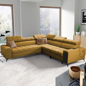 Ecksofa mit Schlaffunktion Bolmso III Senf rechts Ecksofa mit Bettzeugcontainer Vollauszug in der Seite des Möbels