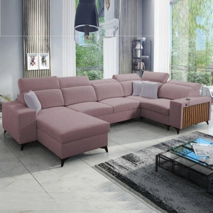 Ecksofa mit Schlaffunktion Kelly IV lavendel rosa links geflochtenes bequemes Ecksofa verstellbare Kopfstützen seitlich mit Latten verkleidet