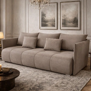 Sofa mit Schlaffunktion Selva dunkelbeige Funktionssofa für das Wohnzimmer mit Bettzeugbehälter aus Stoff mit Plüschoberfläche