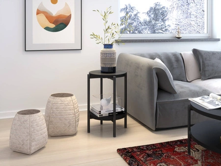Runder Couchtisch 44 cm Sampi schwarz mit zusätzlicher Ablage Licht Design solide Metallbasis reizvolle Dekoration jedes Interieur