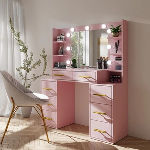 Schminktisch Adel 110 cm Puderrosa mit LED-Beleuchtung Schminktisch mit Spiegel im Glamour-Stil geräumige Schubladen Metallgriffe