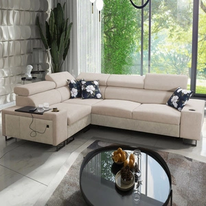 Ecksofa mit Schlaffunktion Flavio II beige/beige Öko-Leder links bequemes Ecksofa Bett offene Bar an der Seite des Möbels