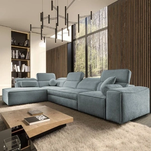 Ecksofa mit Schlaffunktion Viano XI grau blau linksdrehend modisches und stilvolles Ecksofa mit verstellbaren Kopfstützen Zierkissen