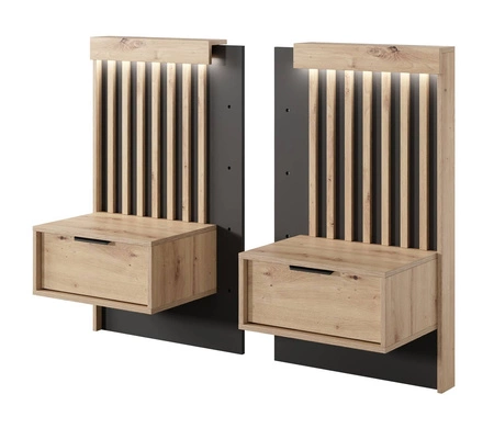 Tipler Bett 160x200 cm mit Bettzeug und Nachttischen Eiche artisan / anthrazit gepolstertes Kopfteil LED-Beleuchtung