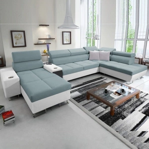 Ecksofa mit Schlaffunktion Dafni V arktikblau/weiß links geflochten bequemes und praktisches Ecksofa mit verstellbaren Kopfstützen