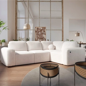 Ecksofa mit Schlaffunktion Arbon II cremefarben rechte Ecke stilvolles Design charakteristische runde Form Behälter für Bettzeug