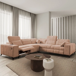 Ecksofa mit Schlaffunktion Penejos III Lux Lachs links komfortables Ecksofa für das Wohnzimmer mit ausziehbarem Fußteil Bettwäschecontainer