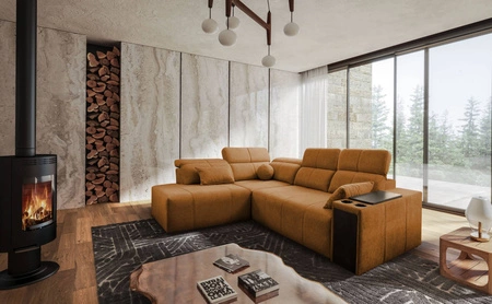 Ecksofa mit Schlaffunktion Tesalia VII Honig links modernes Design komfortable Schiebe-Rückenlehne Schublade in der Seite des Möbels