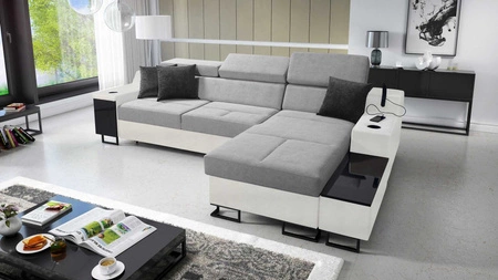 Ecksofa mit Schlaffunktion Alcamo grau/weiß rechts elegantes und stilvolles Ecksofa mit einer ausziehbaren praktischen Schublade an der Seite des Möbels