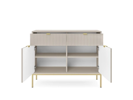 Kommode mit Schubladen Lovro 104 cm beige modernes Design wird Liebhaber von ausdrucksstarken Interieurs Kommode mit Gold-Accessoires bereichert begeistern