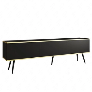 TV-Schrank Luxury 175 cm schwarz elegantes Design Schrank mit goldener Zierleiste Schrank auf schwarzen Metallbeinen