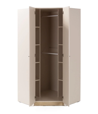 Eckschrank Olivio 145 cm Eukalyptus/Baltikeiche dune modernes Design ABS-Finish und schwarze Griffe