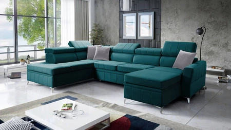 Ecksofa mit Schlaffunktion Rava VI azurblau rechtshändig Praktisches und modernes Ecksofa, ausgestattet mit einer Multifunktionslampe