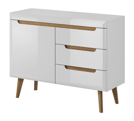 107 cm Atka 107 cm Kommode mit Schubladen weiß / weiß glänzend / Eiche riviera modernes Möbeldesign Kommodenrand mit speziellem ABS-Furnier bearbeitet