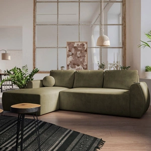 Ecksofa mit Schlaffunktion Colio oliv linke Seite stilvolles Ecksofa mit interessanter Form Velourstoff Zierkissen Ball