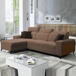 Ecksofa mit Schlaffunktion Kelly hellbraun links geflochten Komfort und Funktionalität Eckseite mit Latten abgeschlossen