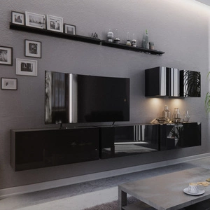 Geometrisch inspirierte Schrankwand Awans schwarz glänzend ergonomisch und funktionell, um Ihr Interieur optisch zu vergrößern