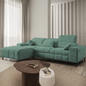 Ecksofa mit Schlaffunktion Penejos grüner links elegantes Ecksofa mit Bettzeugablage bequem verstellbare Kopfstützen