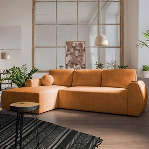 Ecksofa mit Schlaffunktion Colio honey linke Seite stilvolles Ecksofa mit interessanter Form Velourstoff Zierkissen Ball