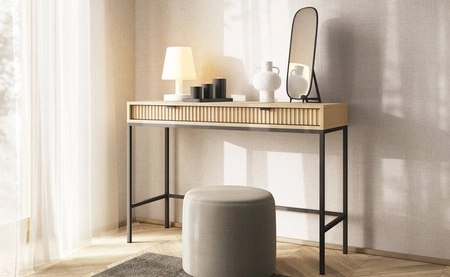 Konsolentisch Lovro Eiche Vicenza mit Schubladen stilvolle und funktionale Möbelstück für den Flur, Wohnzimmer oder Büro kontrastierenden schwarzen Zubehör