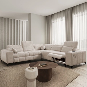 Ecksofa mit Schlaffunktion Penejos III Lux beige rechtsseitiges bequemes Ecksofa für das Wohnzimmer mit ausziehbarem Fußteil Bettwäschecontainer