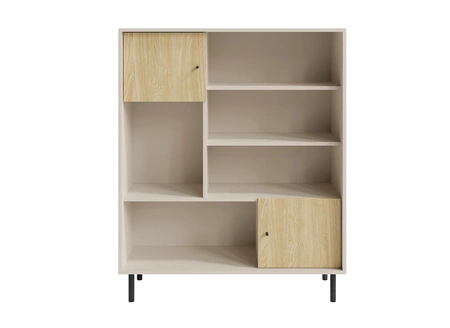 Bücherregal Cappo 104 cm beige sand / Eiche geölt stilvolles niedriges Bücherregal auf hohen Metallbeinen abschließbare Schränke