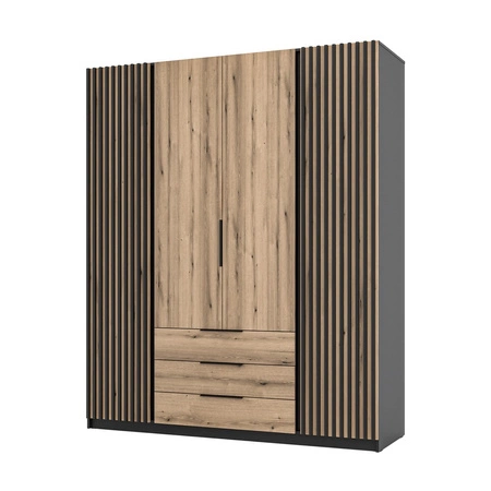Kleiderschrank Kastano IV 200 cm schwarz / Eiche evoke modernes Design Kleiderschranktür mit schwarzen Lamellen verziert Metallkante Griffe