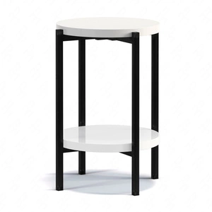 Runder Couchtisch 44 cm Sampi weiß glänzend mit zusätzlichem Regal leichtes Design Metallbasis reizvolle Dekoration jedes Interieur