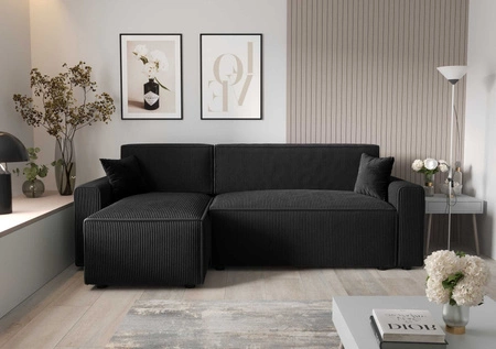 Ecksofa mit Schlaffunktion Brandon Bis schwarzer linker dreidimensionaler Stoff mit ausdrucksstarkem Streifen-Bettkasten