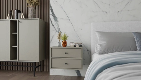 Kioto IV Eukalyptus hängenden Nachttisch mit Schubladen ideal Schlafzimmer Schrank mit subtilen Finish Metall schwarz Griffe