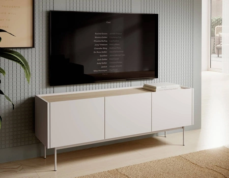 RTV Schrank Vellore 144 cm beige minimalistisches Design grifflose Fronten Metallbeine in der Farbe der Schrankfronten abgesenkte Platte