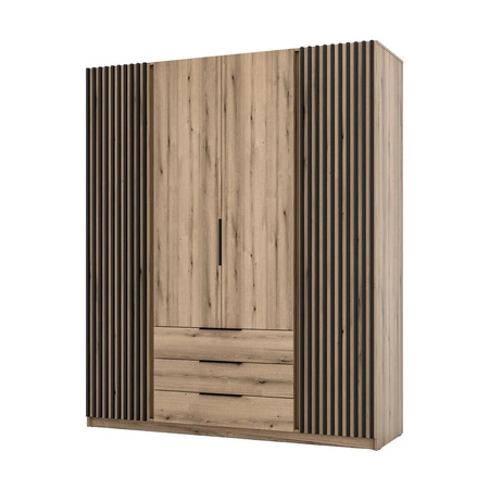 Kleiderschrank Kastano IV 200 cm Eiche evoke modernes Design Kleiderschranktür mit schwarzen Lamellen verziert Metallkante Griffe