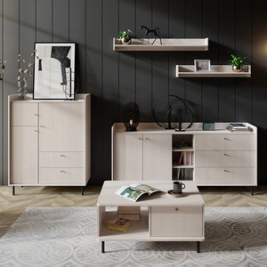 Ferdi-Möbel-Set beige sand minimalistisches Design Wandschränke für Wohnzimmer Gold Griffe Karkassen überhängende die Linie der Tischplatten