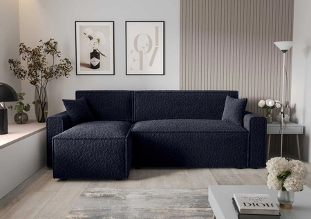 Ecksofa mit Schlaffunktion Brandon Bis marineblau links weicher Stoff mit charakteristischer Schleifenoberfläche Bettzeugbehälter