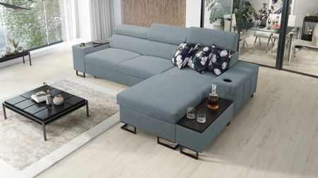 Ecksofa mit Schlaffunktion Flavio arctic blue rechts bequemes elegantes Ecksofa mit einer seitlich zu öffnenden Verlängerungsstange des Möbels