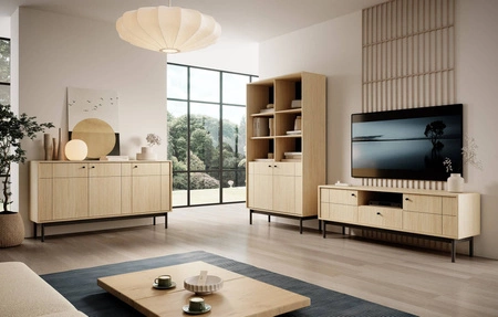 Bücherregal Modesta 104 cm Eiche linea einfach massiv in gedeckten Farben dezente Metallgriffe Bücherregal mit Türen im japanischen Stil