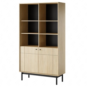 Bücherregal Modesta 104 cm Eiche linea einfach massiv in gedeckten Farben dezente Metallgriffe Bücherregal mit Türen im japanischen Stil