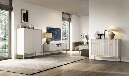 Lovro Möbelset beige modernes Design Wohnwand angereichert mit goldenem Metall Zubehör Wohnzimmermöbel 