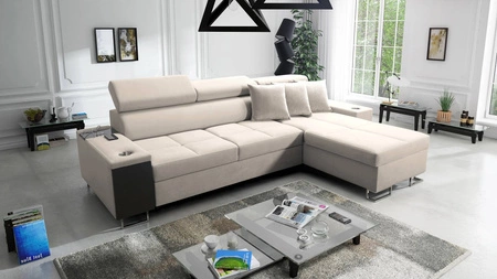 Ecksofa mit Schlaffunktion Dafni Hellbeige rechtsseitig aus Samt bietet Komfort und Funktionalität während der täglichen Erholung