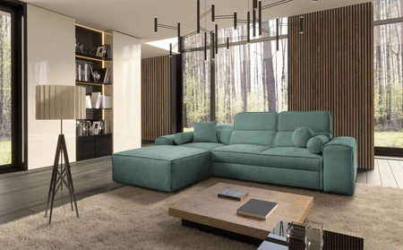 Ecksofa mit Schlaffunktion Viano patina linke Seite stilvolles Ecksofa mit interessanter Form verstellbare Kopfstützen Zierkissen
