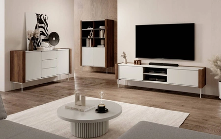 Bücherregal Tantuni 105 cm warmia nussbaum / beige stilvolles und elegantes Bücherregal mit Türen ausdrucksstarke Farben stabile Metallbeine